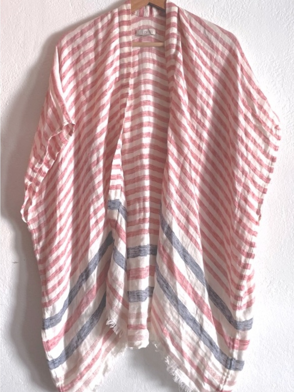LOFT Pink & White Striped Open-Front Kimono with Blue Accents
